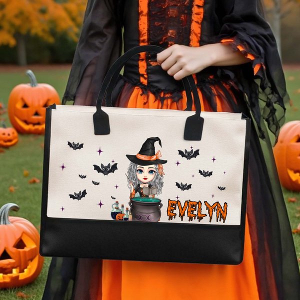 Personalisierte Cartoon Hexe Trick oder behandeln wiederverwendbare Tragetasche mit Namen Halloween Party Spooky Saison Jahrestag Geschenk für Frauen Mädchen