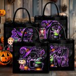Personalized Magic Cartoon Witch Vampire Character Black Linen Tote Bag with Initial and Name Halloween Party Gift for Boys Girls