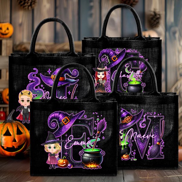 Personalisierte Cartoon Hexe Vampir Charakter schwarz Leinen Tragetasche mit Initialen und Namen Halloween Party Geschenk für Jungen Mädchen