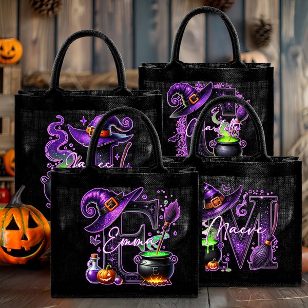 Personalised Wizard Hat Initial Black Linen Tote Bag with Name Halloween Party Gift for Boys Girls