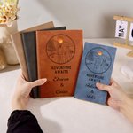 Personalized Cartoon Character Adventure Awaits A5 Leather Travel Journal Notebook with Name Anniversary Birthday Gift for Couple