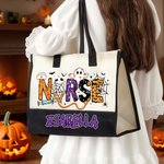 Personalized Nurse Pumpkin Bat Ghost Halloween Large Canvas Tote Bag with Name Birthday Halloween Gift for Halloween Lovers