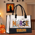 Personalized Nurse Pumpkin Bat Ghost Halloween Large Canvas Tote Bag with Name Birthday Halloween Gift for Halloween Lovers