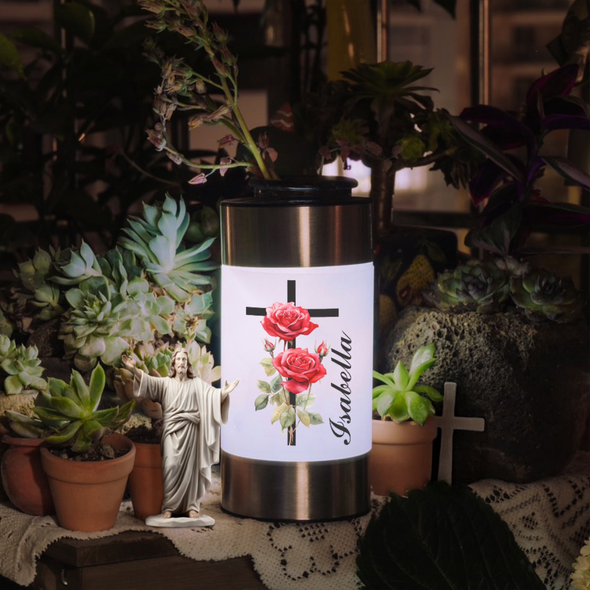 Lampe solaire de jardin imperméable personnalisée avec fleur de naissance et nom - Cadeau de baptême Tourssaint pour chrétiens
