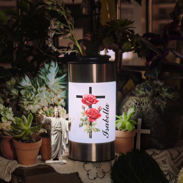 Personalized Birth Flower Cross Waterproof Solar Garden Light with Name Removable Garden Church Decoration Baptism Birthday Gift for Women Christians