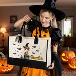 Personalized Cartoon Witch Trick or Treat Reusable Tote Bag with Name Halloween Party Spooky Season Anniversary Gift for Women Girls