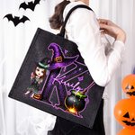 Personalized Magic Cartoon Witch Vampire Character Black Linen Tote Bag with Initial and Name Halloween Party Gift for Boys Girls