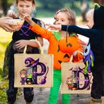 Personalised Halloween Witch Hat Initial Cartoon Character Large Jute Tote Bag with Name Travel Halloween Travel Birthday Gift for Women Kids