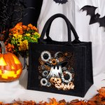 Personalized Floral Ghost Black Linen Tote Bag with Name Halloween Party Gift for Boys Girls
