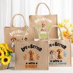 Personalized Life Is Better 1-3 Cartoon Pet Dogs Jute Tote Bag with Name Travel Accessory Birthday Gift for Dog Owners