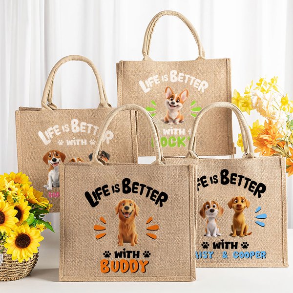 Personalised Life Is Better 1-3 Cartoon Pet Dogs Jute Tote Bag with Name Travel Accessory Birthday Gift for Dog Owners