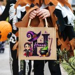 Personalised Halloween Witch Hat Initial Cartoon Character Large Jute Tote Bag with Name Travel Halloween Travel Birthday Gift for Women Kids