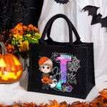 Gepersonaliseerde Cartoon Karakter Doodle Letter Zwart Linnen Draagtas met Naam Halloween Feest Cadeau voor Jongens Meisjes