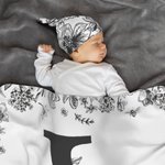 Personalised Toile De Jouy Style Initial Swaddle Blanket and Knot Hat Set with Name Baby Shower Birthday Gift for Newborns Babies