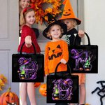 Personalised Wizard Hat Initial Black Linen Tote Bag with Name Halloween Party Gift for Boys Girls