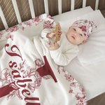 Personalised Toile De Jouy Style Initial Swaddle Blanket and Knot Hat Set with Name Baby Shower Birthday Gift for Newborns Babies