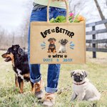 Personalized Life Is Better 1-3 Cartoon Pet Dogs Jute Tote Bag with Name Travel Accessory Birthday Gift for Dog Owners