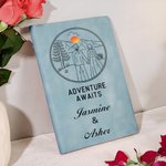 Personalized Cartoon Character Adventure Awaits A5 Leather Travel Journal Notebook with Name Anniversary Birthday Gift for Couple
