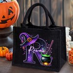 Personalised Wizard Hat Initial Black Linen Tote Bag with Name Halloween Party Gift for Boys Girls