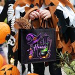 Personalised Wizard Hat Initial Black Linen Tote Bag with Name Halloween Party Gift for Boys Girls