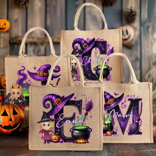 Personnalisé Halloween Chapeau de sorcière Initiale Personnage de dessin animé Grand sac fourre-tout en jute avec nom Voyage Halloween Cadeau d'anniversaire pour femmes enfants