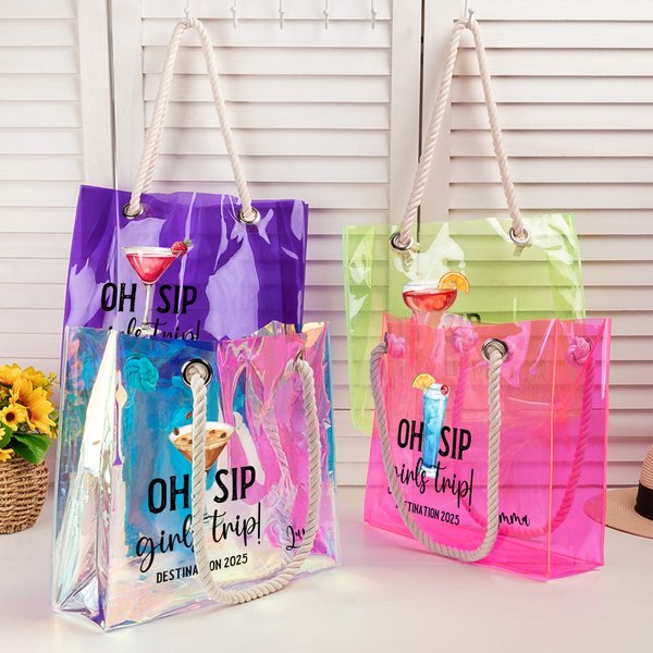 Personalized Oh Sip Girls Trip Drinks Waterproof Clear Tote Bag with Name Beach Accessories Travel Vacation Gift for Women