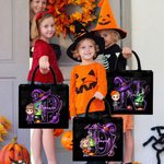 Personalized Magic Cartoon Witch Vampire Character Black Linen Tote Bag with Initial and Name Halloween Party Gift for Boys Girls