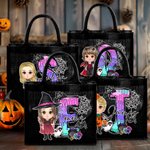 Gepersonaliseerde Cartoon Karakter Doodle Letter Zwart Linnen Draagtas met Naam Halloween Feest Cadeau voor Jongens Meisjes