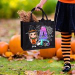 Gepersonaliseerde Cartoon Karakter Doodle Letter Zwart Linnen Draagtas met Naam Halloween Feest Cadeau voor Jongens Meisjes