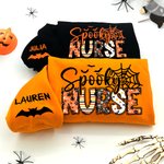 Personalized Spooky Nurse Bat Spider Web T-shirt Sweatshirt with Name Multicolor Halloween Costume Holiday Gift for Nurse Doctor Medical Staff