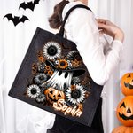 Personalized Floral Ghost Black Linen Tote Bag with Name Halloween Party Gift for Boys Girls