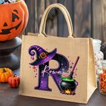 Personalisierte Magische Topf und Hexenhut anfängliche große Jute Tragetasche mit Namen Trick oder behandeln Halloween Party Geschenk für Frauen Kinder