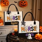 Personalized Nurse Pumpkin Bat Ghost Halloween Large Canvas Tote Bag with Name Birthday Halloween Gift for Halloween Lovers