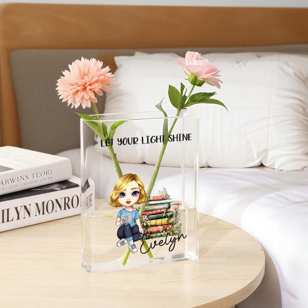 Personalised Floral Book Cartoon Reading Character Clear Acrylic Book Vase with Name Title Birthday Graduation Gift for Book Lover