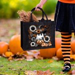 Personalized Floral Ghost Black Linen Tote Bag with Name Halloween Party Gift for Boys Girls
