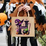 Personalisierte Magische Topf und Hexenhut anfängliche große Jute Tragetasche mit Namen Trick oder behandeln Halloween Party Geschenk für Frauen Kinder