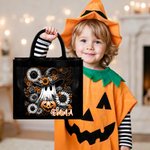 Personalized Floral Ghost Black Linen Tote Bag with Name Halloween Party Gift for Boys Girls