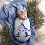 Personalised Toile De Jouy Style Initial Swaddle Blanket and Knot Hat Set with Name Baby Shower Birthday Gift for Newborns Babies