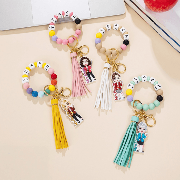 Personalized Cartoon Teacher Character Keychain Wristband with Beaded Bracelet and Text Appreciation Back to School Gift for Teacher