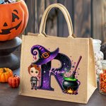 Personalised Halloween Witch Hat Initial Cartoon Character Large Jute Tote Bag with Name Travel Halloween Travel Birthday Gift for Women Kids
