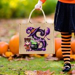 Personalised Halloween Witch Hat Initial Cartoon Character Large Jute Tote Bag with Name Travel Halloween Travel Birthday Gift for Women Kids