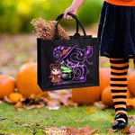 Personalized Magic Cartoon Witch Vampire Character Black Linen Tote Bag with Initial and Name Halloween Party Gift for Boys Girls