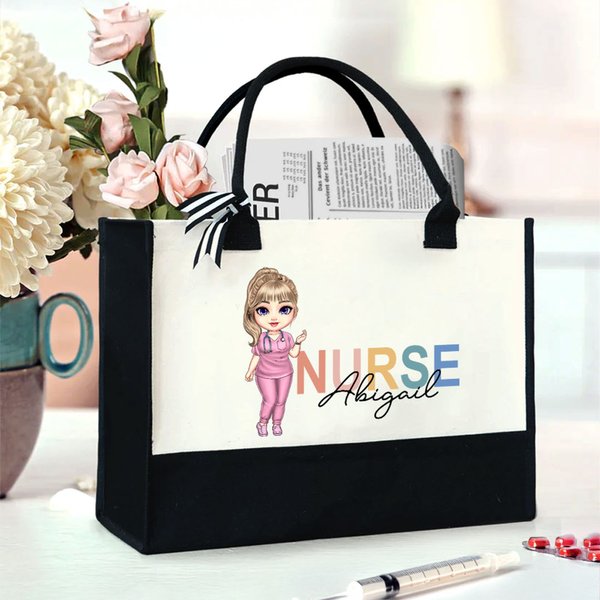 Personalised Cartoon Doctor Nurse Character Large Canvas Tote Bag  with Name and Title Nurse Week Appreciation Gift for Women Medical Staff