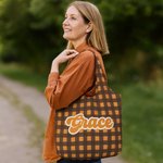 Personalised Colourful Vintage Striped Checkered Large Reusable Canvas Tote Bag with Name Travel Daily Use Birthday Gift for Women