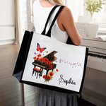 Personalized Birth Flower Piano Canvas Large Tote Bag with Name Daily Travel Essentials Birthday Gift for Women Music Lovers