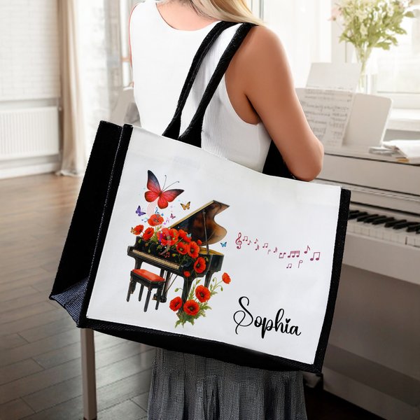 Personalized Birth Flower Piano Canvas Large Tote Bag with Name Daily Travel Essentials Birthday Gift for Women Music Lovers