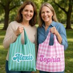 Personalised Colourful Vintage Striped Checkered Large Reusable Canvas Tote Bag with Name Travel Daily Use Birthday Gift for Women