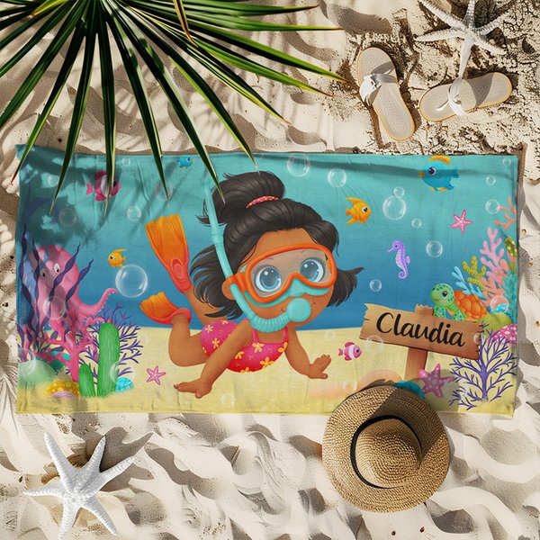 Asciugamano da spiaggia orizzontale personalizzato in microfibra con nome e stampa degli animali marini ad asciugatura rapida regalo per bambini