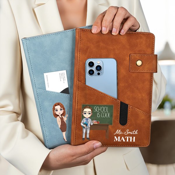 Personalized Teacher Cartoon Character PU Leather A5 Lined Notebook with Name and Pocket Back to School Teacher's Day Gift for Teacher