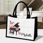 Personalized Birth Flower Piano Canvas Large Tote Bag with Name Daily Travel Essentials Birthday Gift for Women Music Lovers